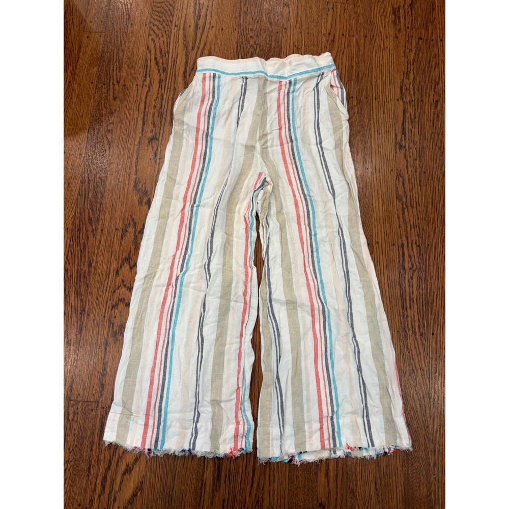 Cloth & Stone Striped Linen Blend Cropped Wide Leg Pants XS Frayed Hem